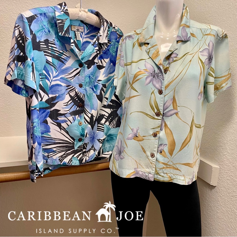 Caribbean Joe 🏝️ 2 Top BUNDLE Tropical Button Up Camp Shirts Sz M